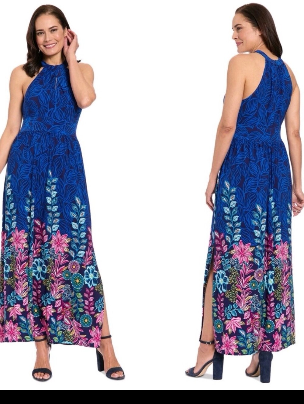 London Times Maxi Dress Women 10 Blue Floral Sleeveless Boho Tropical NWT Coasta